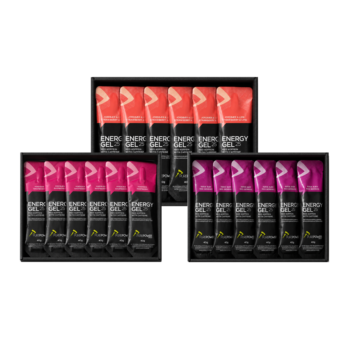 Koffein Gel Pack med officielle displaykasser i Hindbær, Jordbær Lime og Røde Bær – 36 gels