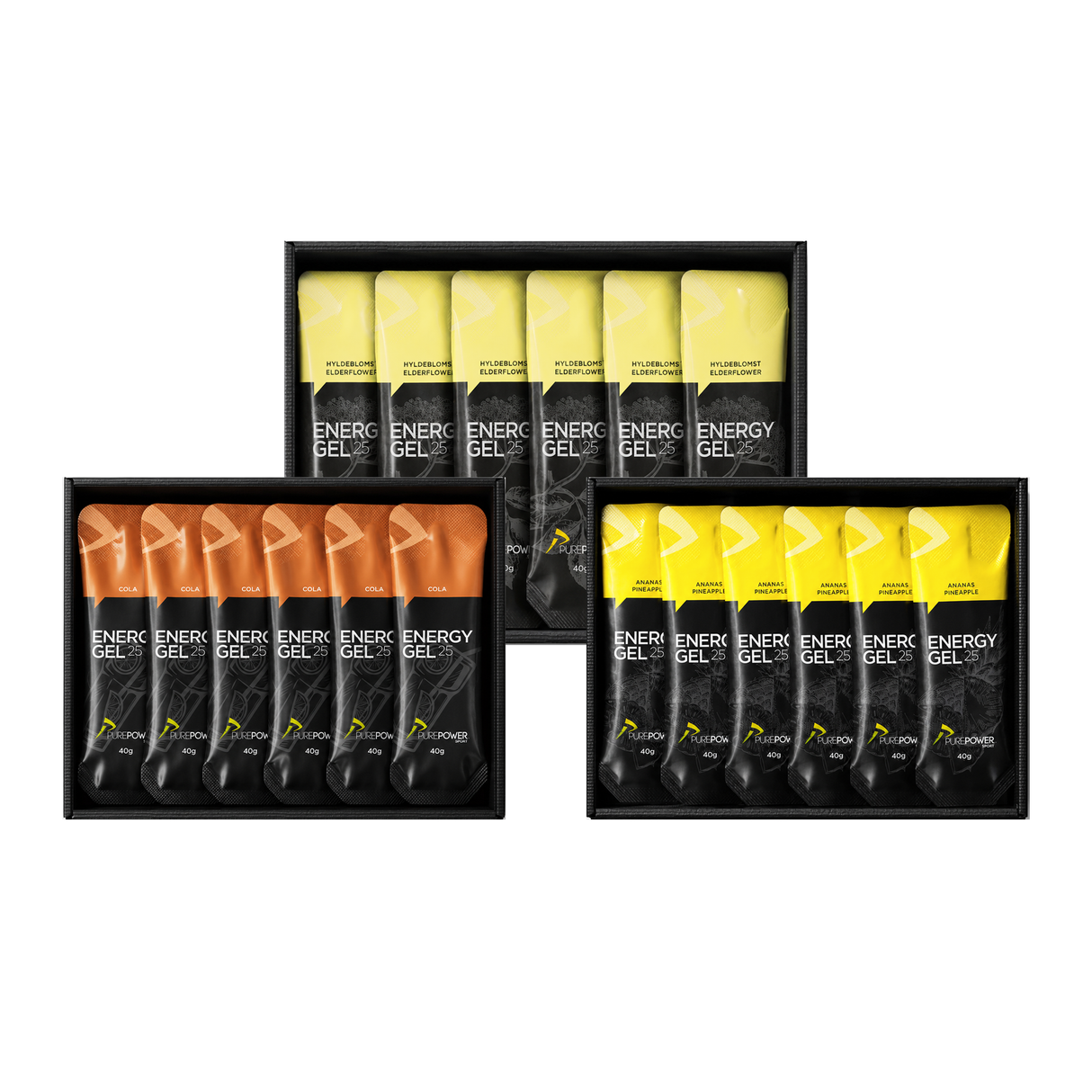 Energy Gel Sommerpakken med officielle displaykasser i Cola, Hyldeblomst og Ananas – 36 gels